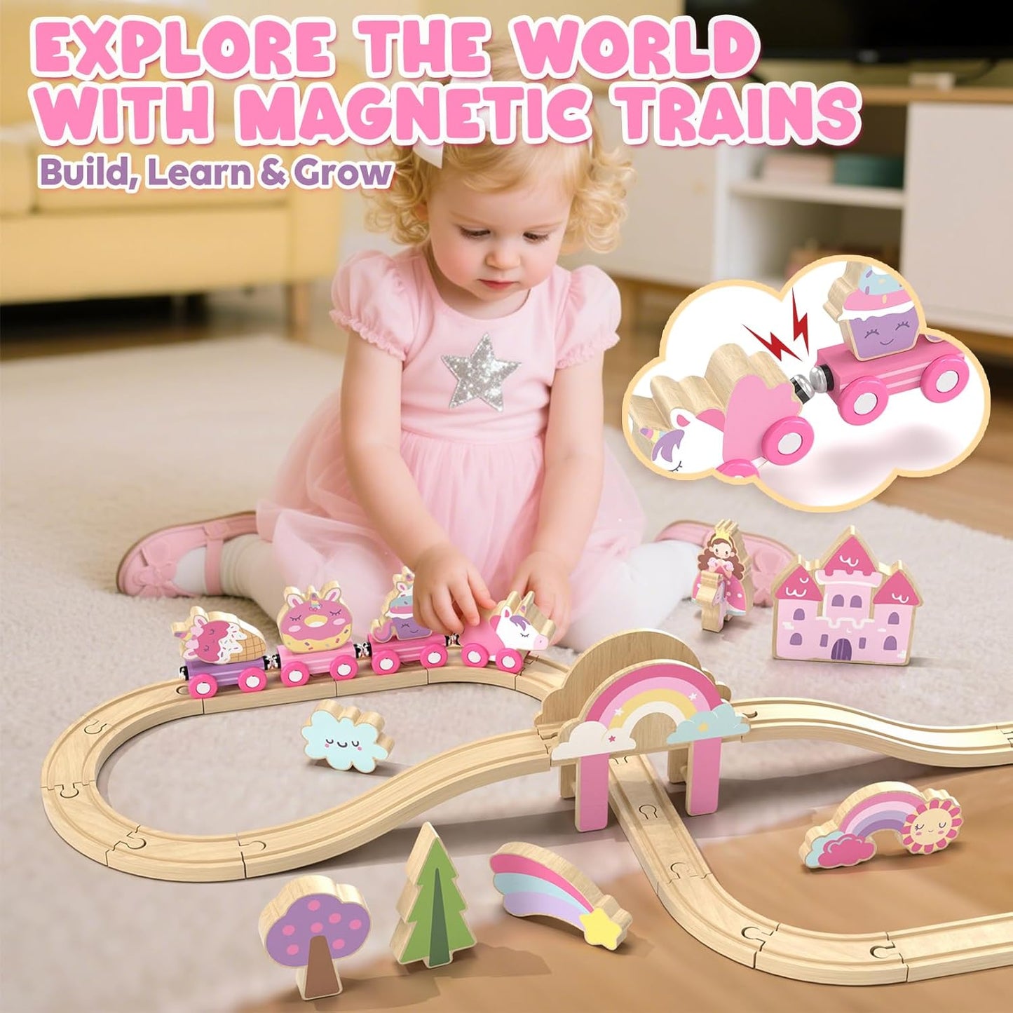 Lehoo Castle Unicorn Gifts for Girls, Wooden Train Set Kids Toys for 3 4 5 6 Year Old, Train Track Girls Unicorn Toys for Toddler Age 3-6