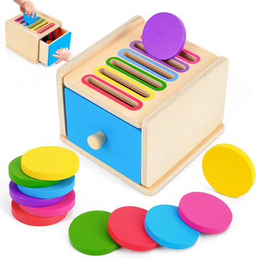 FCSONU Toddlers Montessori Coin Box Toys for 1 2 3 Year Old Boys Girls, Wooden Baby Toys for Toddlers 1-3, Color Sorting Stacking Sensory for Ages 2-4, Easter Birthday for Kids