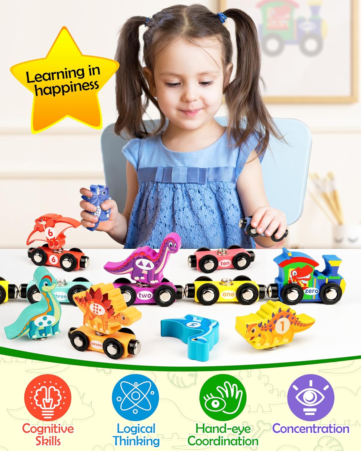 Vanmor Wooden Dinosaur Number Train, Magnetic Dinosaur Learning Toys, Toddler Toys for 1-3 Year Olds Boys, Gifts for 1 2 3 Year Olds Girls Boys