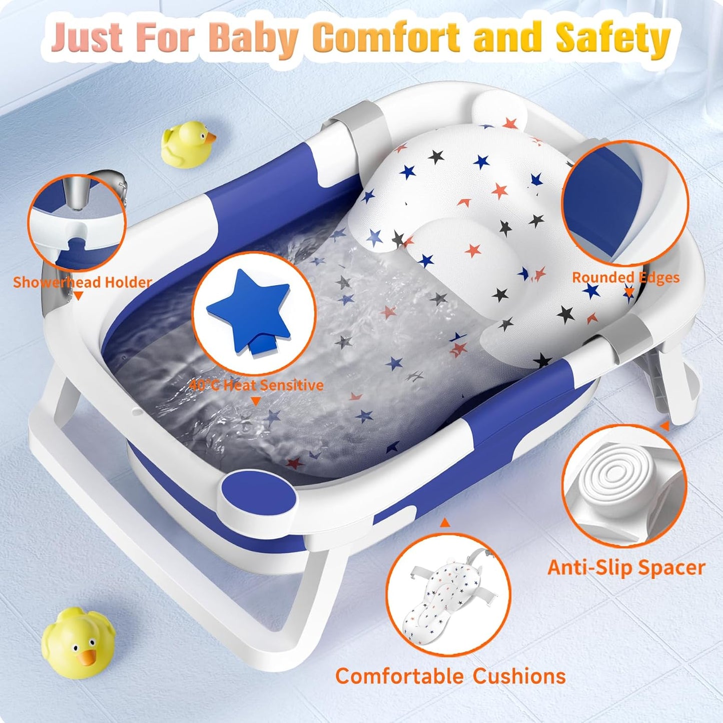 Rabb 1st Baby Bath Tub Foldable,Portable Bath Newborn to Toddler with Non-Slip Mat,Drain Hole,No Thermometer,Grey