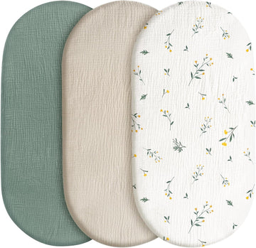 Baby Mattress Cover, Fitted Sheet, Pack of 3, 100% Muslin Cotton,Oeko-Tex 100,Muslin Bassinet Sheets,Bassinet Cover,Pram Mattress Cover,83 x 43 x 10 cm,Fitted Sheet for Prams, Bassinets（Flower）