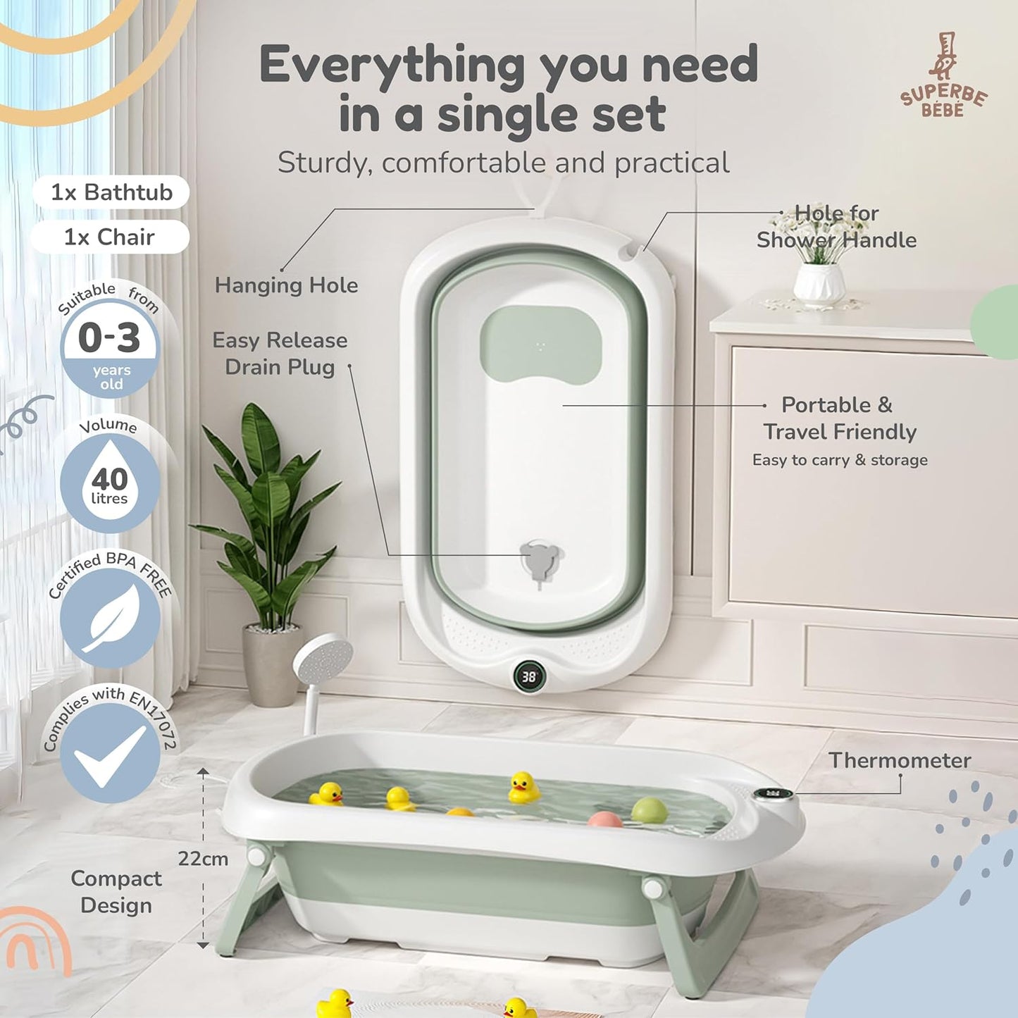 Baby Bath Tub with Non-Slip Bath Seat and Thermometer - Toddler Bath - Foldable Baby Bath - Newborn Bath - from Birth to 3 Years - Baby Bath Seat Up to 6 Months - Collapsible Baby Bath - Birth Gift
