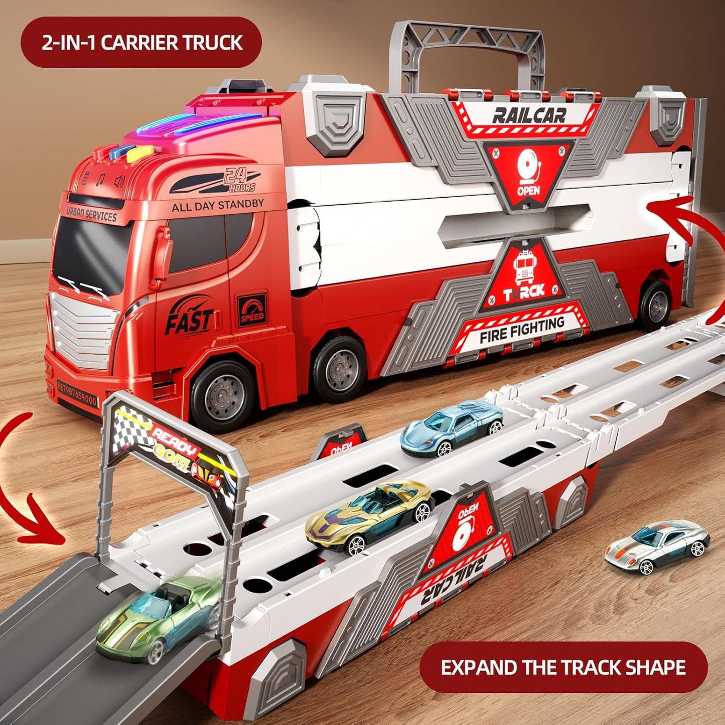 Jiakora Fire Truck Toys Car with 65 Inch Race Car Tracks & 20 Car, Transport Truck with Lights Sounds, Toys Fire Engines for Toddler 3 4 5 6 7 Years Old, Cars Toy Christmas Birthday Gift for Boys Kids