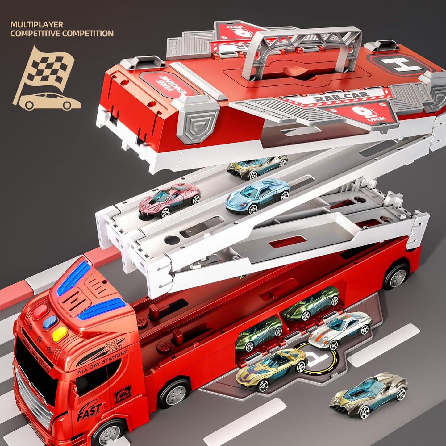 Jiakora Fire Truck Toys Car with 65 Inch Race Car Tracks & 20 Car, Transport Truck with Lights Sounds, Toys Fire Engines for Toddler 3 4 5 6 7 Years Old, Cars Toy Christmas Birthday Gift for Boys Kids