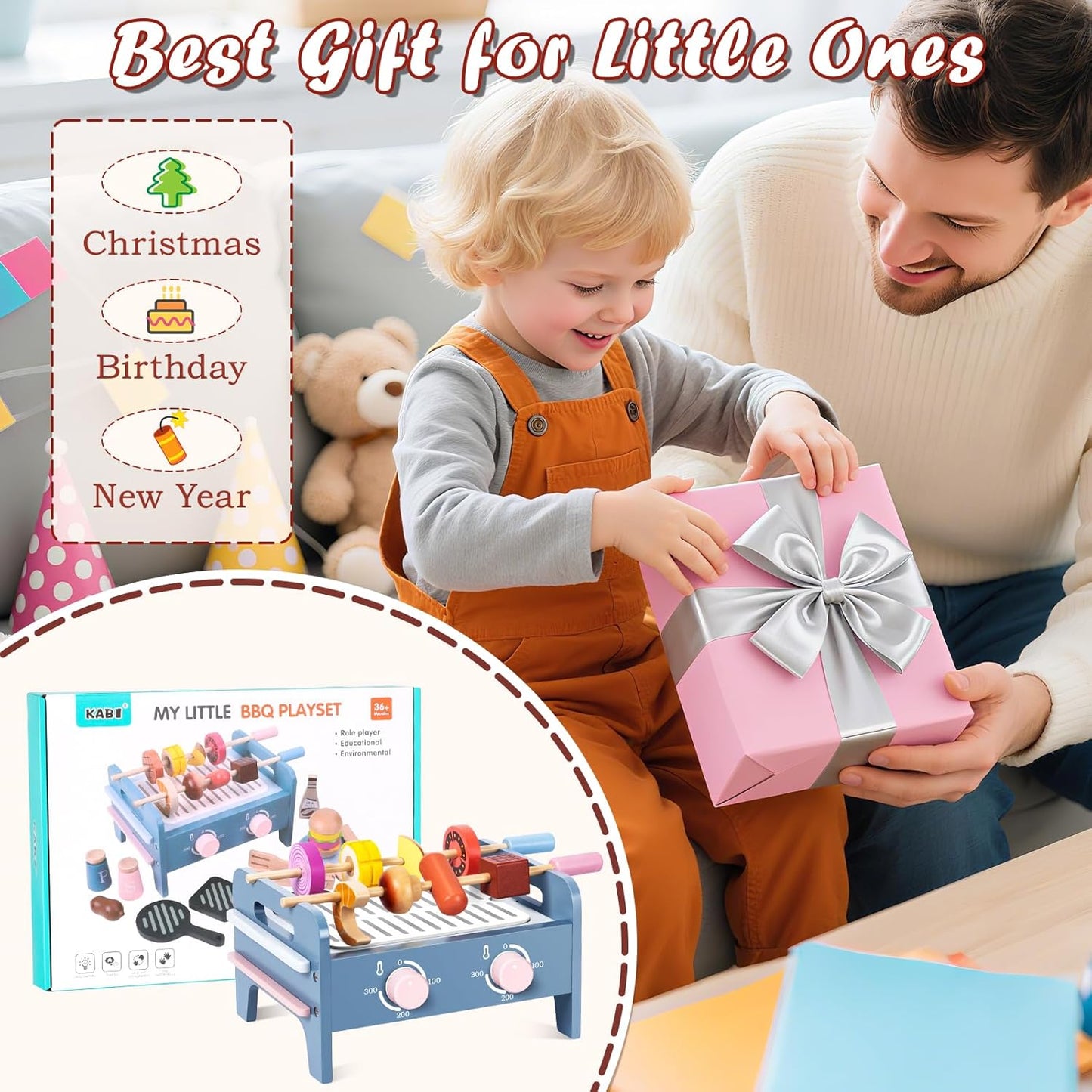 DICAO Gifts for 2 3 4 Year Old Girls Boys, 30 Pcs Toddler Toys, Wooden Kitchen BBQ Toys, Toy Kitchen Accessories, Role Play Toys for 2-5 Year Old Kids
