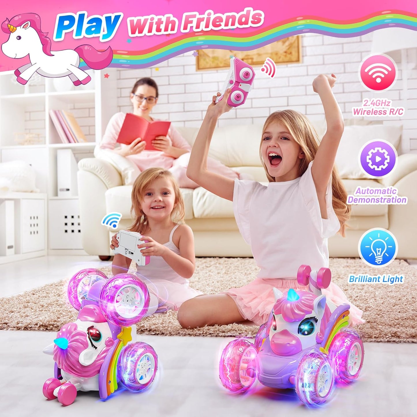 Hot Bee Remote Control Cars, Toy Cars for Kids Age 3 4 5 6, RC Stunt Car with LED Light, Unicorn Gifts for Girls, Unicorn Toys for 2 3 4 5 6 Year Old Girls