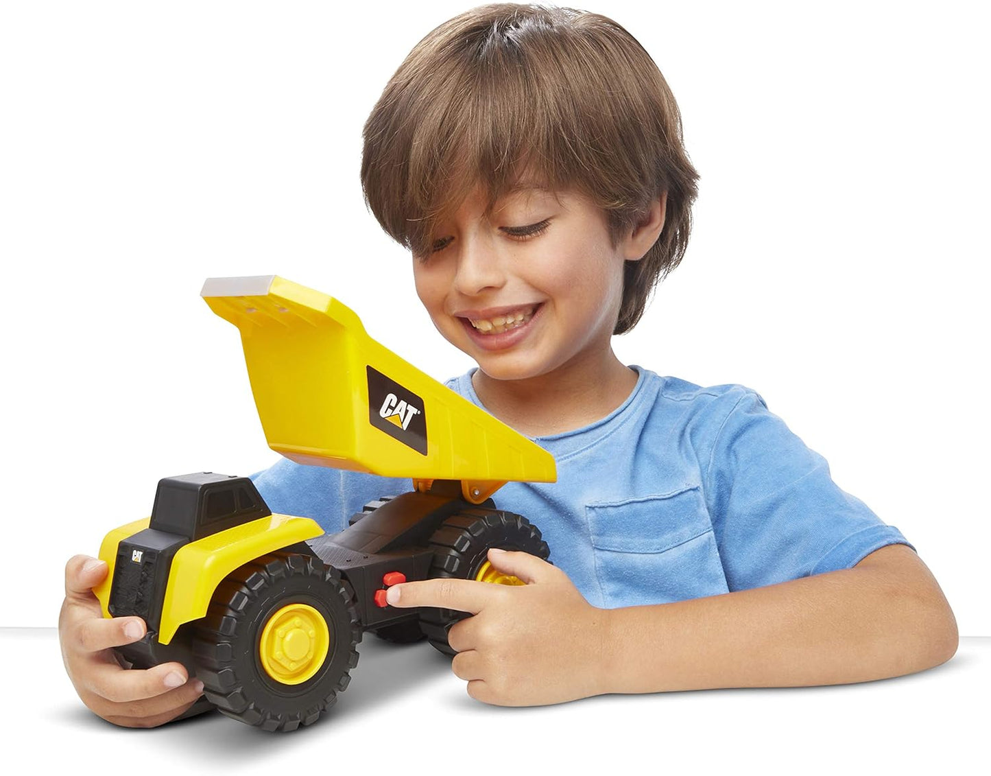 CatToysOfficial Construction Tough Machines Dump Truck Vehicle, free-wheeling with Lights & Sounds and movable bin. For children aged 3+, Yellow