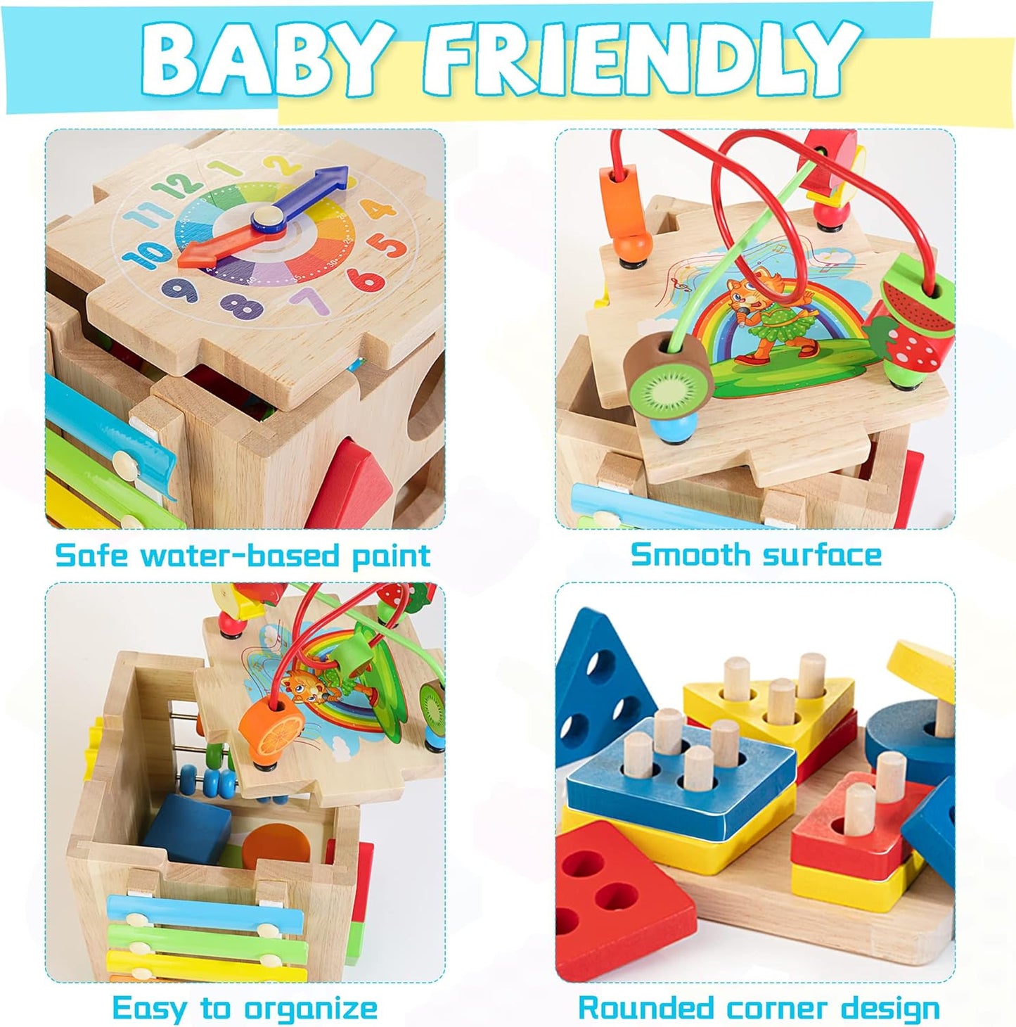 Wooden Activity Cube | 8-in-1 Montessori Toys for 18M+ Toddlers, One Year Old First Birthday Toy, Baby Toy Set with Bonus Sorting & Stacking Board