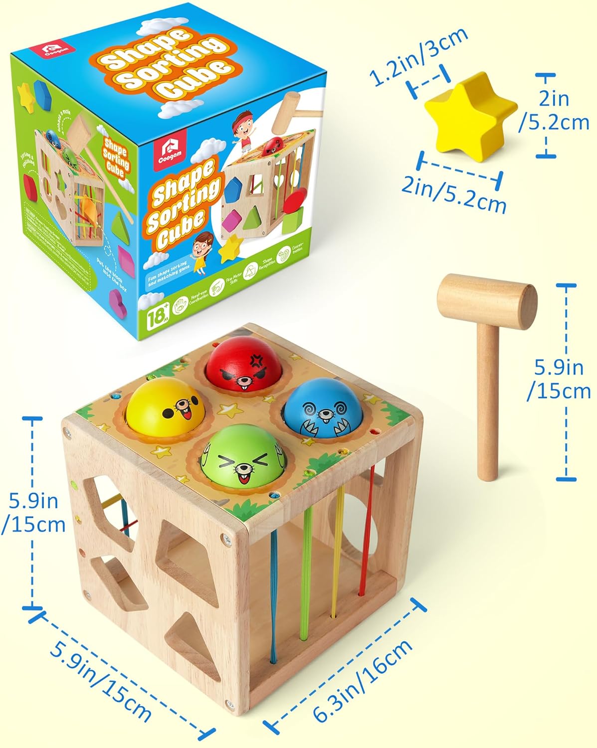 Coogam Wooden MontessoToys for Toddlers, Shape Sorting Cube Whack Mole Fine Motor Skills Game for 1 2 3 Year Old 18 Month Baby Boys Girls Gift