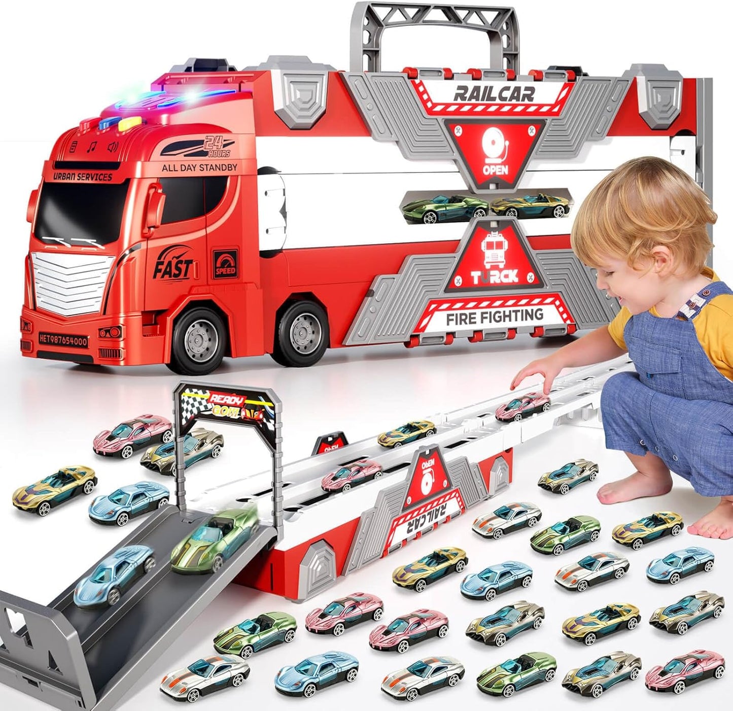 Jiakora Fire Truck Toys Car with 65 Inch Race Car Tracks & 20 Car, Transport Truck with Lights Sounds, Toys Fire Engines for Toddler 3 4 5 6 7 Years Old, Cars Toy Christmas Birthday Gift for Boys Kids