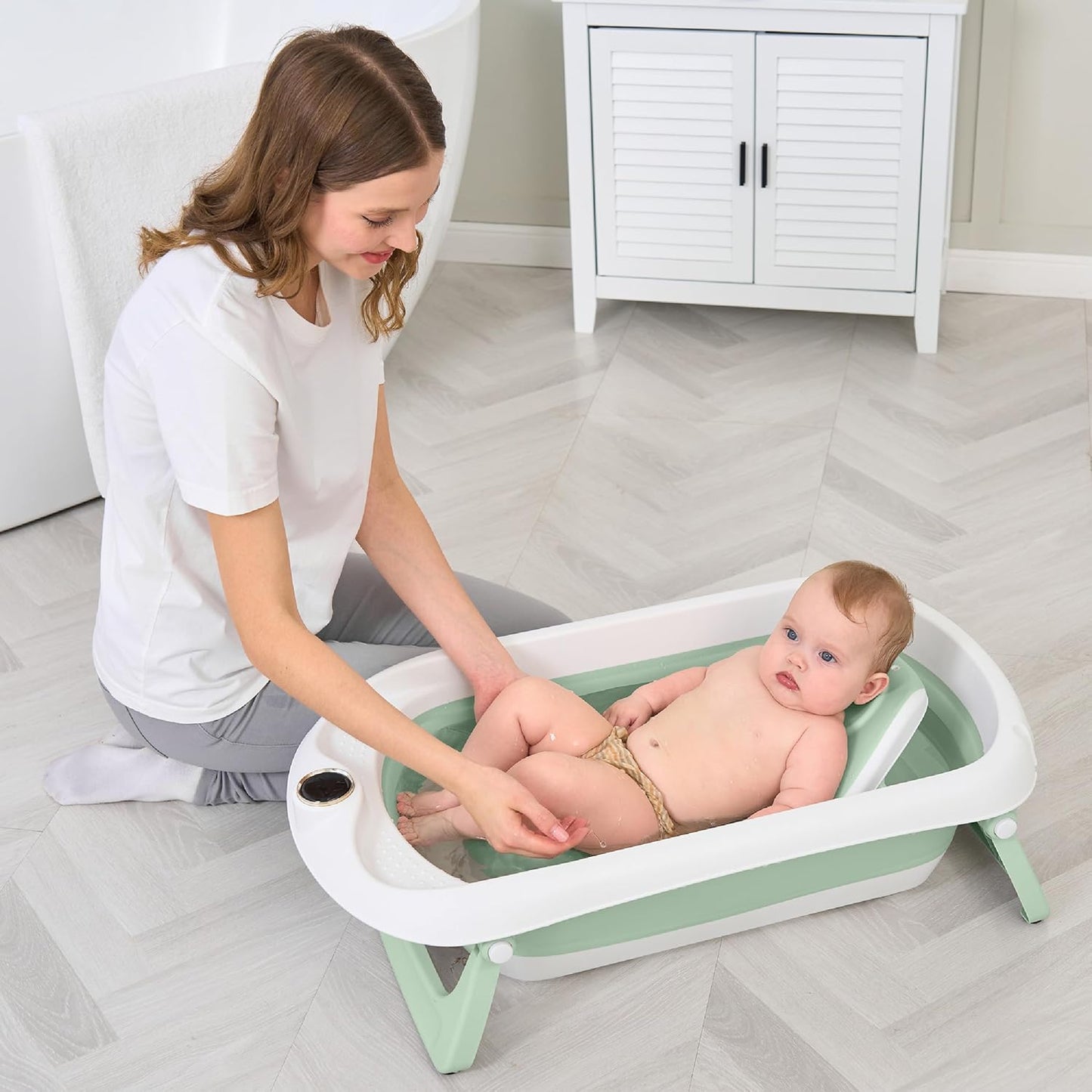 Baby Bath Tub with Non-Slip Bath Seat and Thermometer - Toddler Bath - Foldable Baby Bath - Newborn Bath - from Birth to 3 Years - Baby Bath Seat Up to 6 Months - Collapsible Baby Bath - Birth Gift